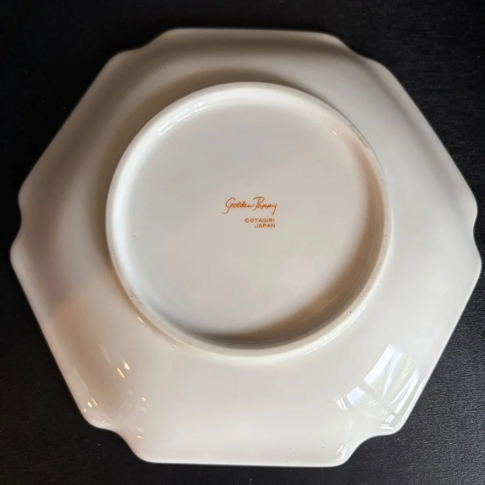 Otagiri Japan Golden Poppy Hexagon Scalloped Ceramic Plate Vintage 8.5 Inch